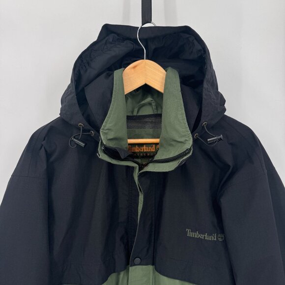 Timberland Weathergear Ski Jacket Mens Medium Green Black Nylon Hood Pockets - Picture 2 of 12